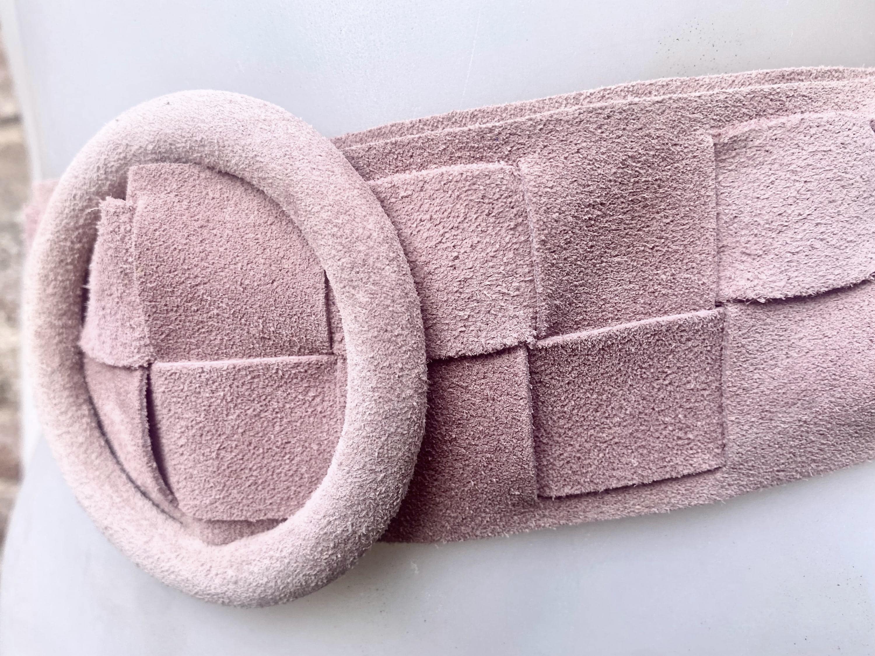 Light pink suede waist belt with large round buckle. Boho braided suede belt in a soft pink shade. Genuine natural pink suede leather