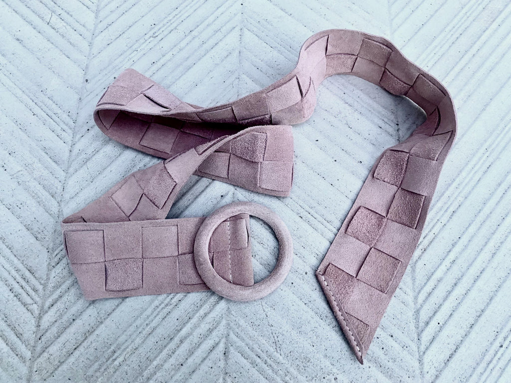 Light pink suede waist belt with large round buckle. Boho braided suede belt in a soft pink shade. Genuine natural pink suede leather