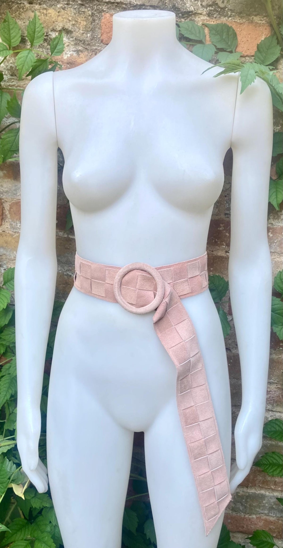 Light pink suede waist belt with large round buckle. Boho braided suede belt in a soft pink shade. Genuine natural pink suede leather