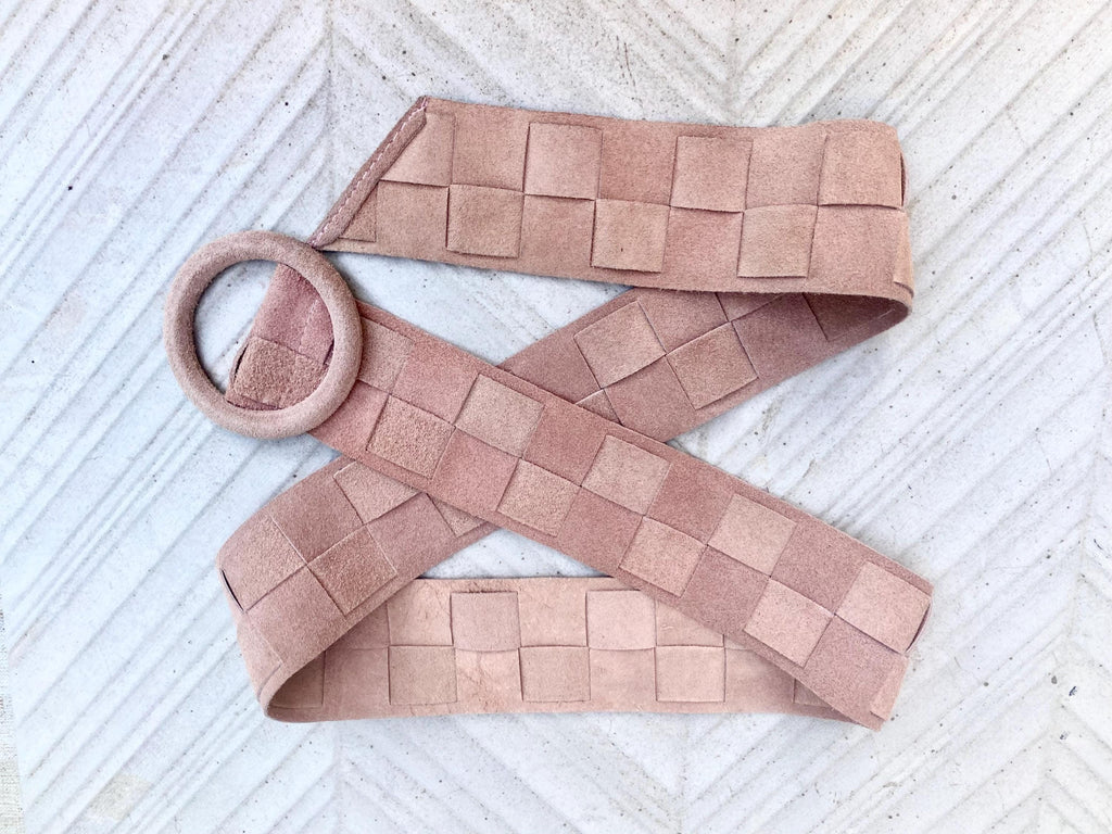 Light pink suede waist belt with large round buckle. Boho braided suede belt in a soft pink shade. Genuine natural pink suede leather
