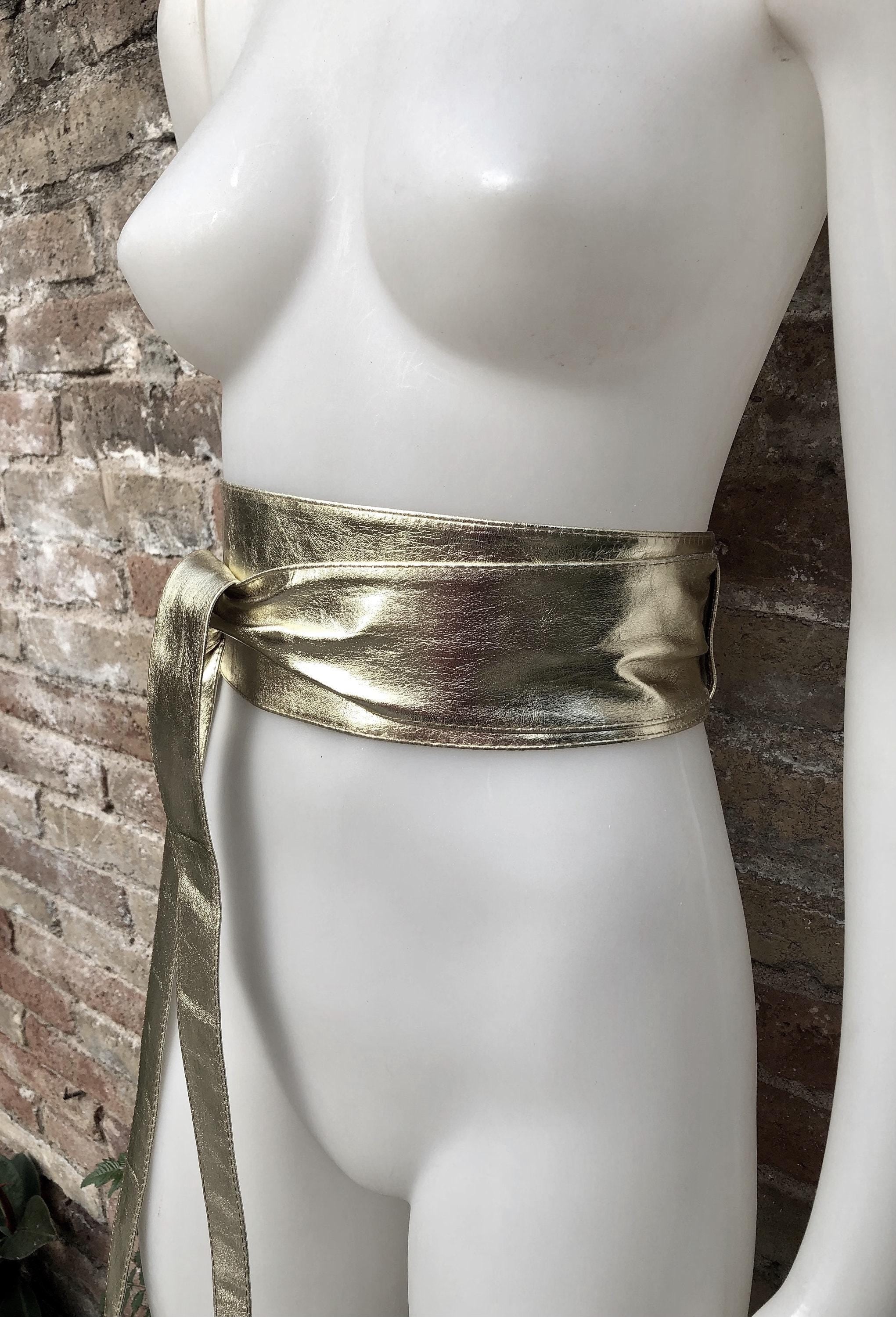 GOLD obi belt. Wrap belt in soft genuine leather. Wraparound waist belt.Wide style. Boho dress belt in metallic effect leather. Party belt