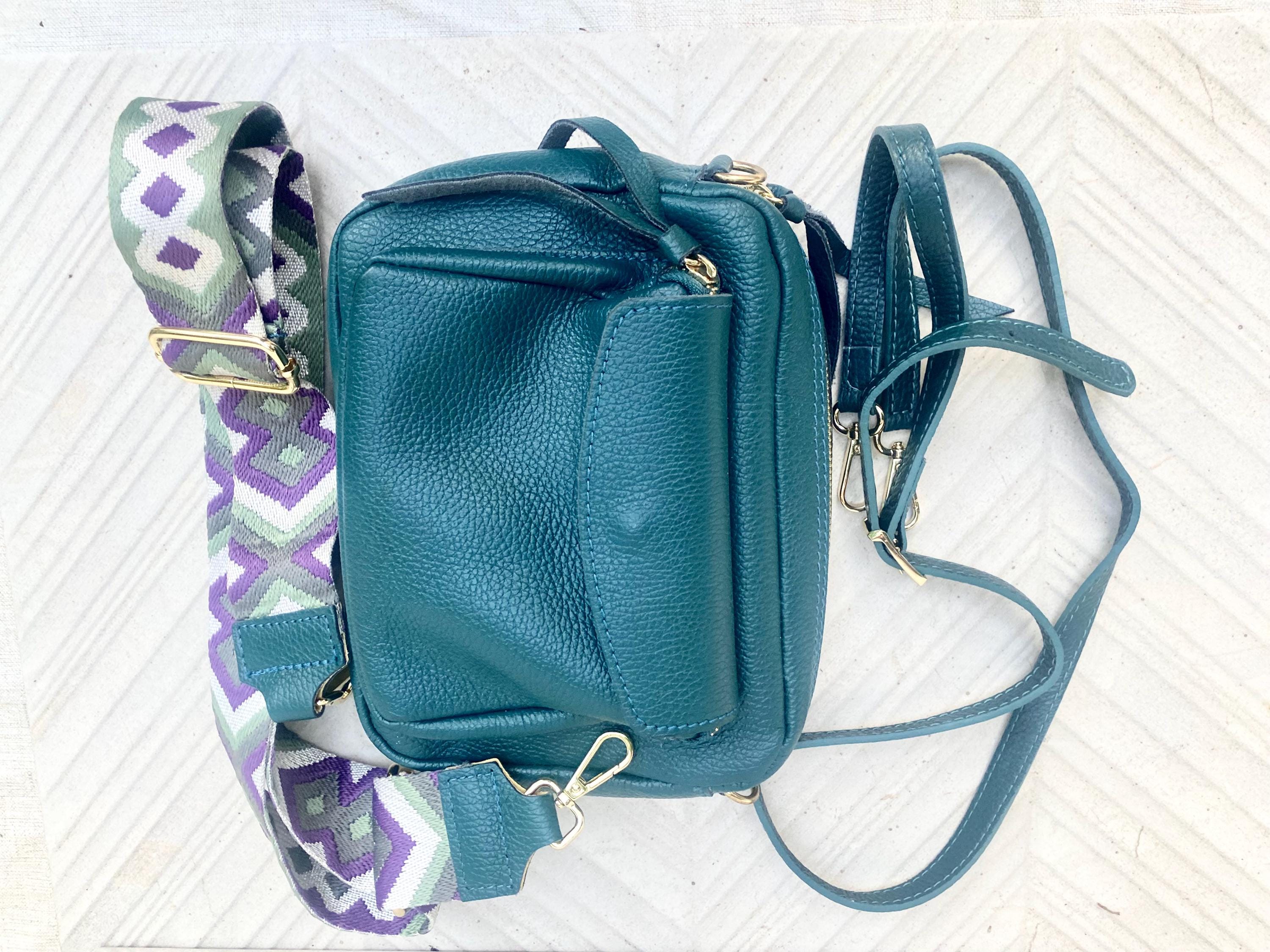 Genuine leather teal GREEN bag with embroidered strap. GENUINE leather cross body bag. GREEN purse with zippers. Green leather messenger