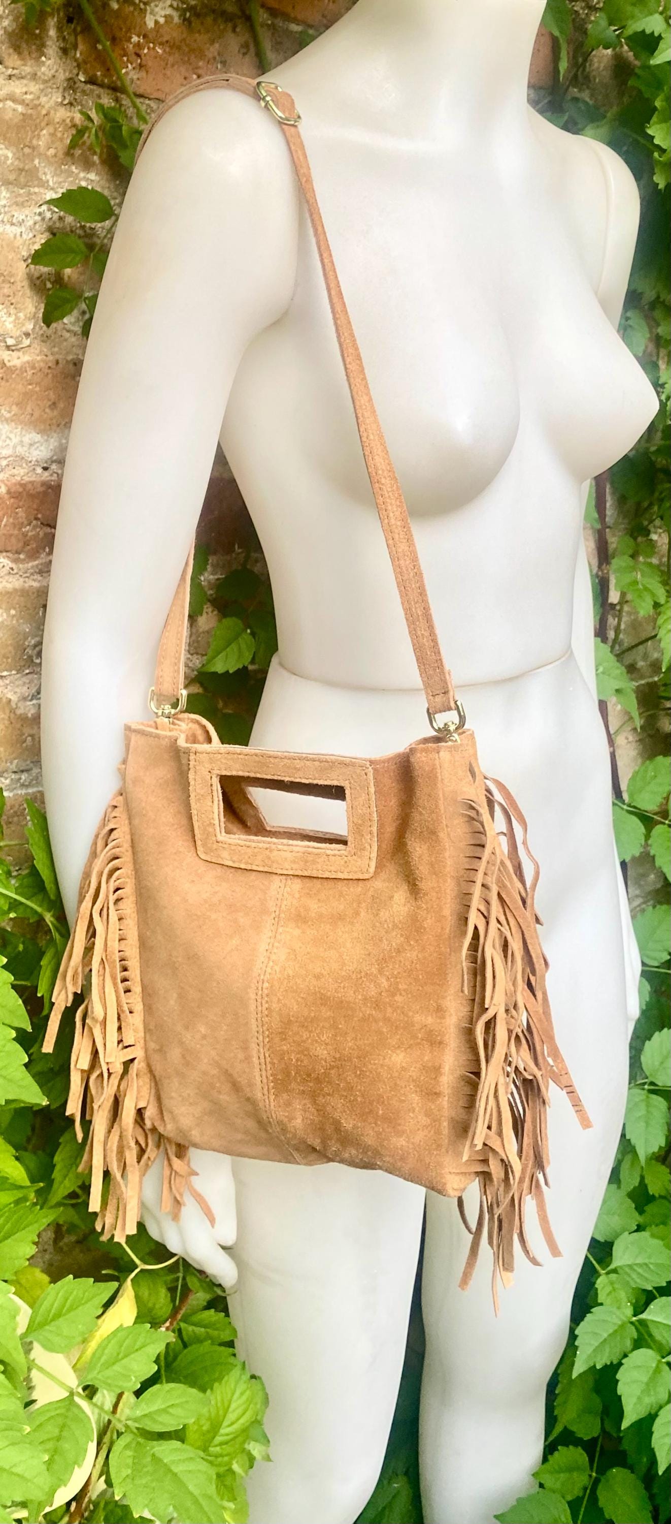 Light camel brown crossbody fringed bag. BOHO suede leather bag with FRINGES. Tan brown genuine suede leather. Light brown suede purse.