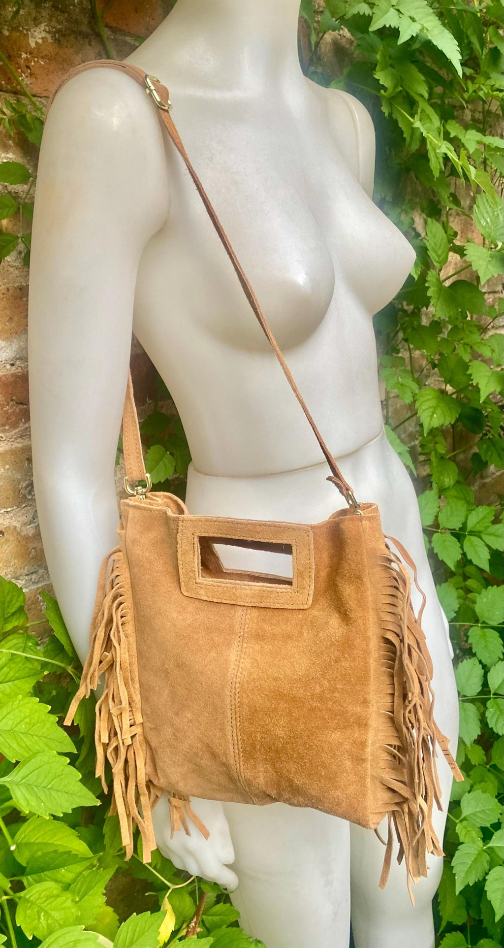 Light camel brown crossbody fringed bag. BOHO suede leather bag with FRINGES. Tan brown genuine suede leather. Light brown suede purse.