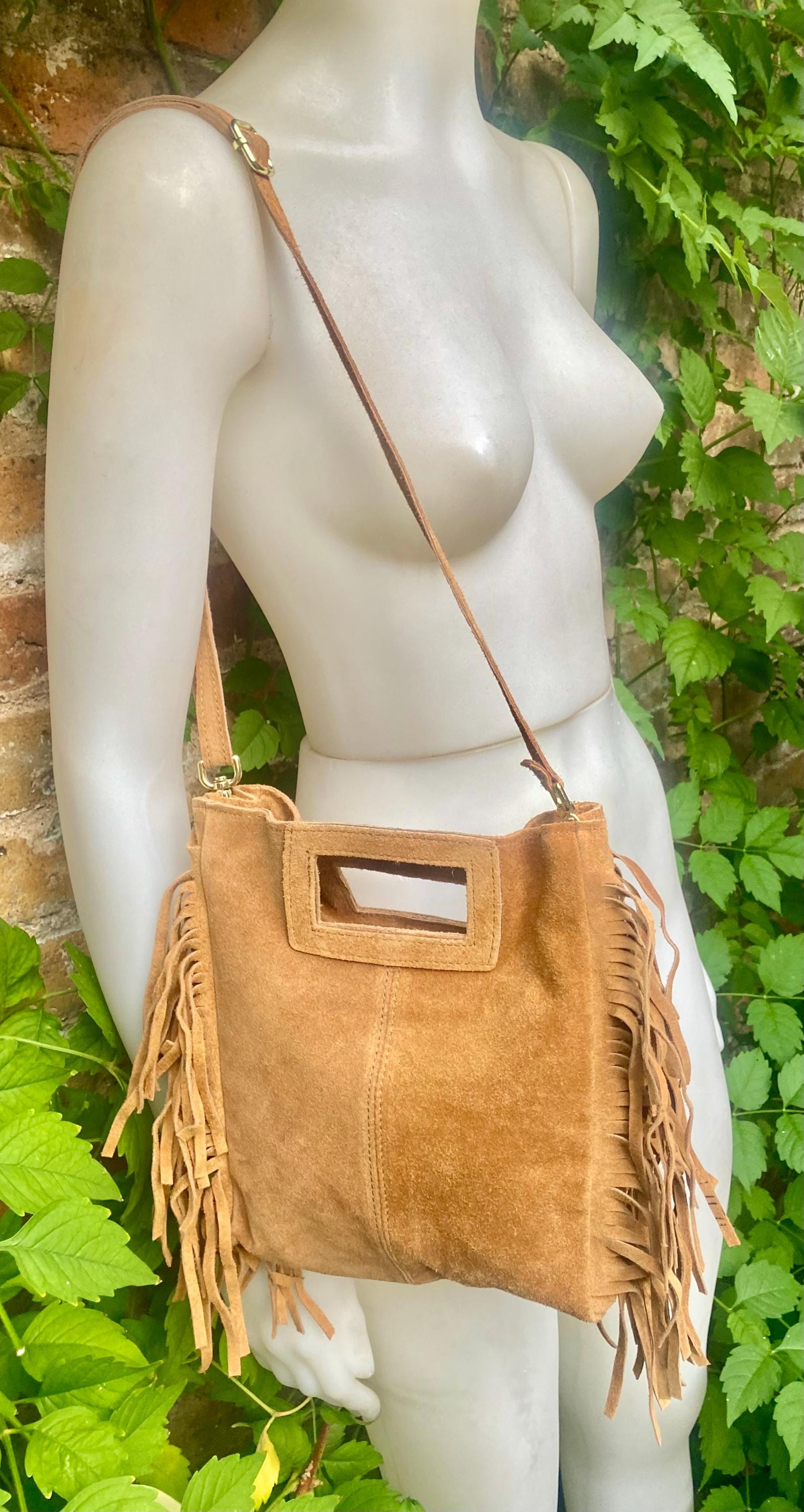 Light camel brown crossbody fringed bag. BOHO suede leather bag with FRINGES. Tan brown genuine suede leather. Light brown suede purse.