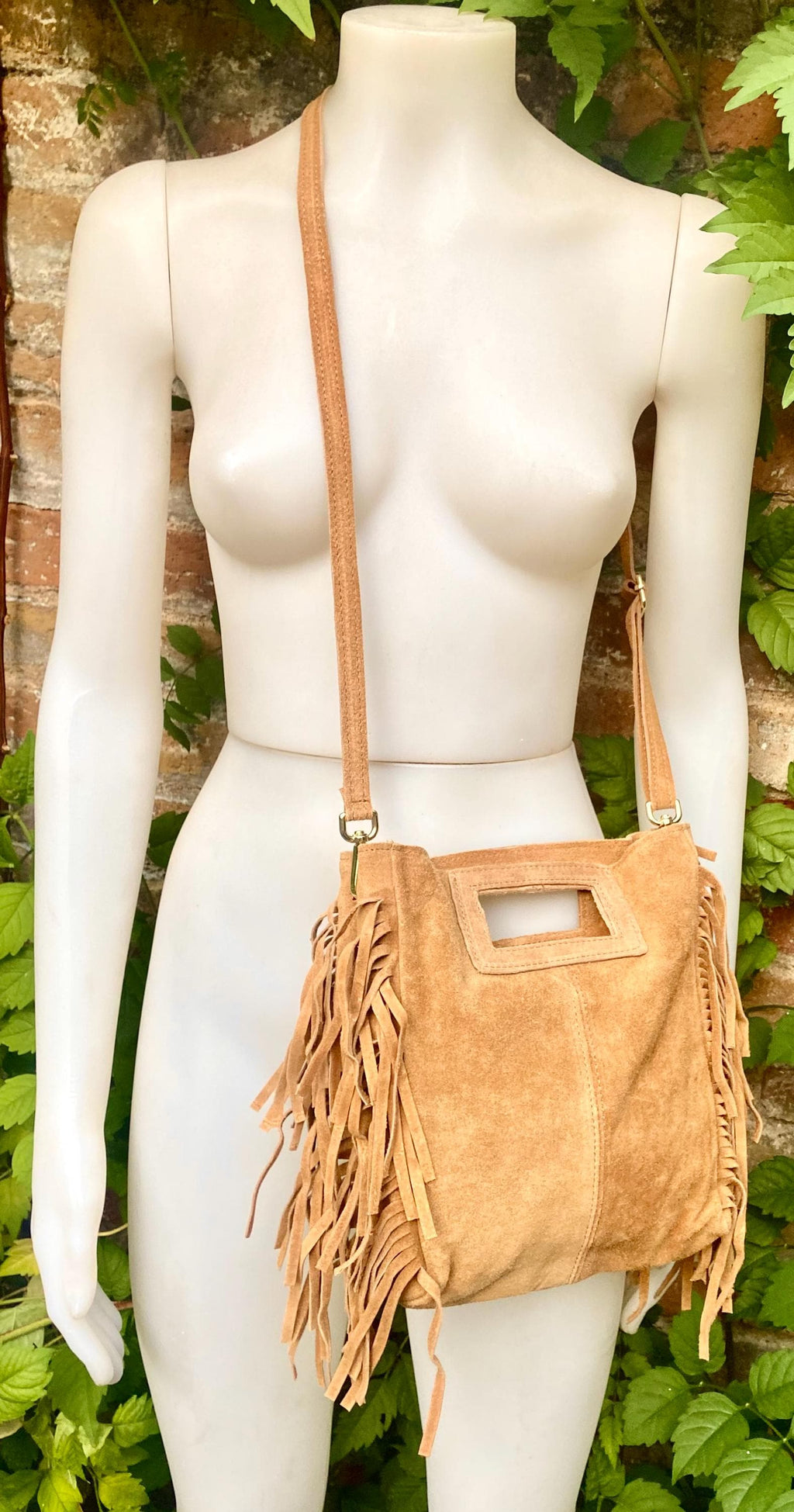 Light camel brown crossbody fringed bag. BOHO suede leather bag with FRINGES. Tan brown genuine suede leather. Light brown suede purse.