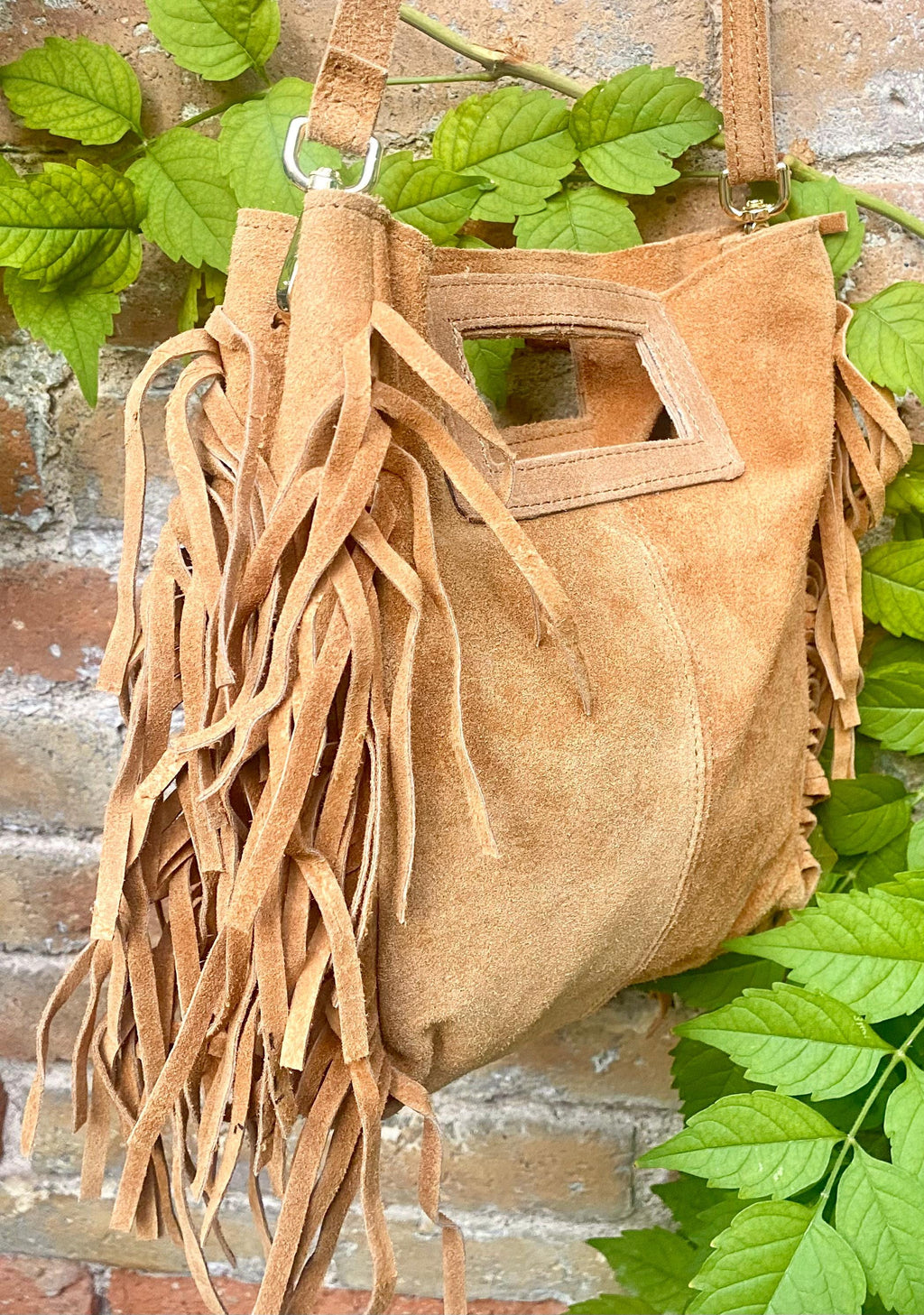 Light camel brown crossbody fringed bag. BOHO suede leather bag with FRINGES. Tan brown genuine suede leather. Light brown suede purse.
