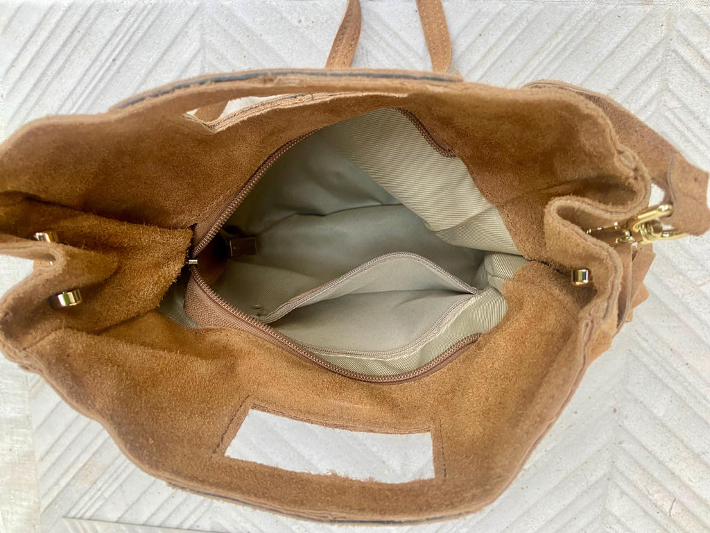 Light camel brown crossbody fringed bag. BOHO suede leather bag with FRINGES. Tan brown genuine suede leather. Light brown suede purse.