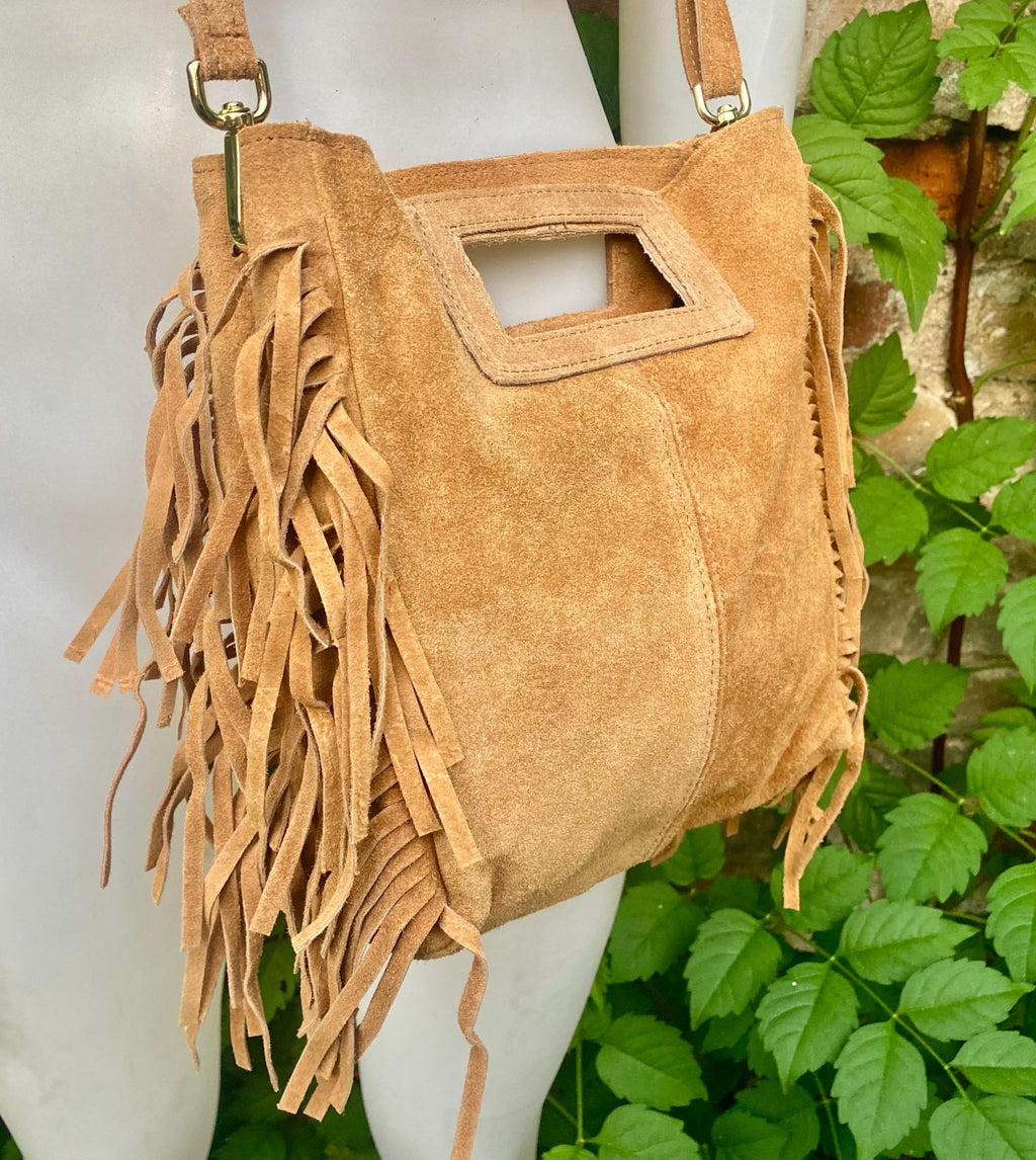 Light camel brown crossbody fringed bag. BOHO suede leather bag with FRINGES. Tan brown genuine suede leather. Light brown suede purse.