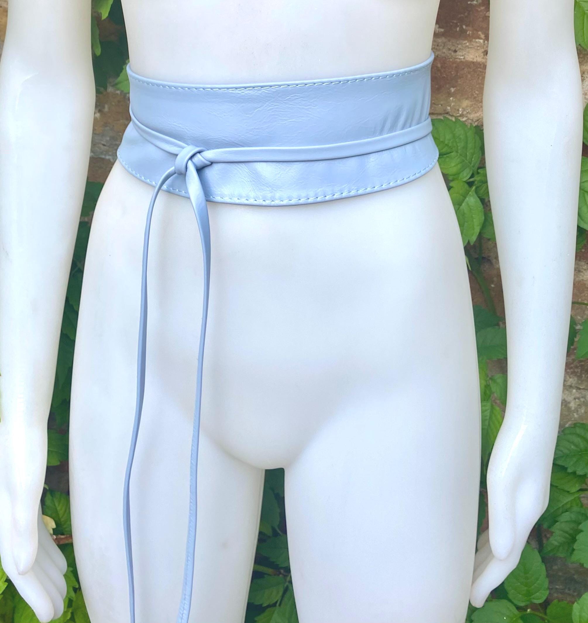 Wraparound belt in soft leather. LIGHT blue wrap belt. Longer style. Genuine leather sky blue waist belt. Boho dress /overall belt