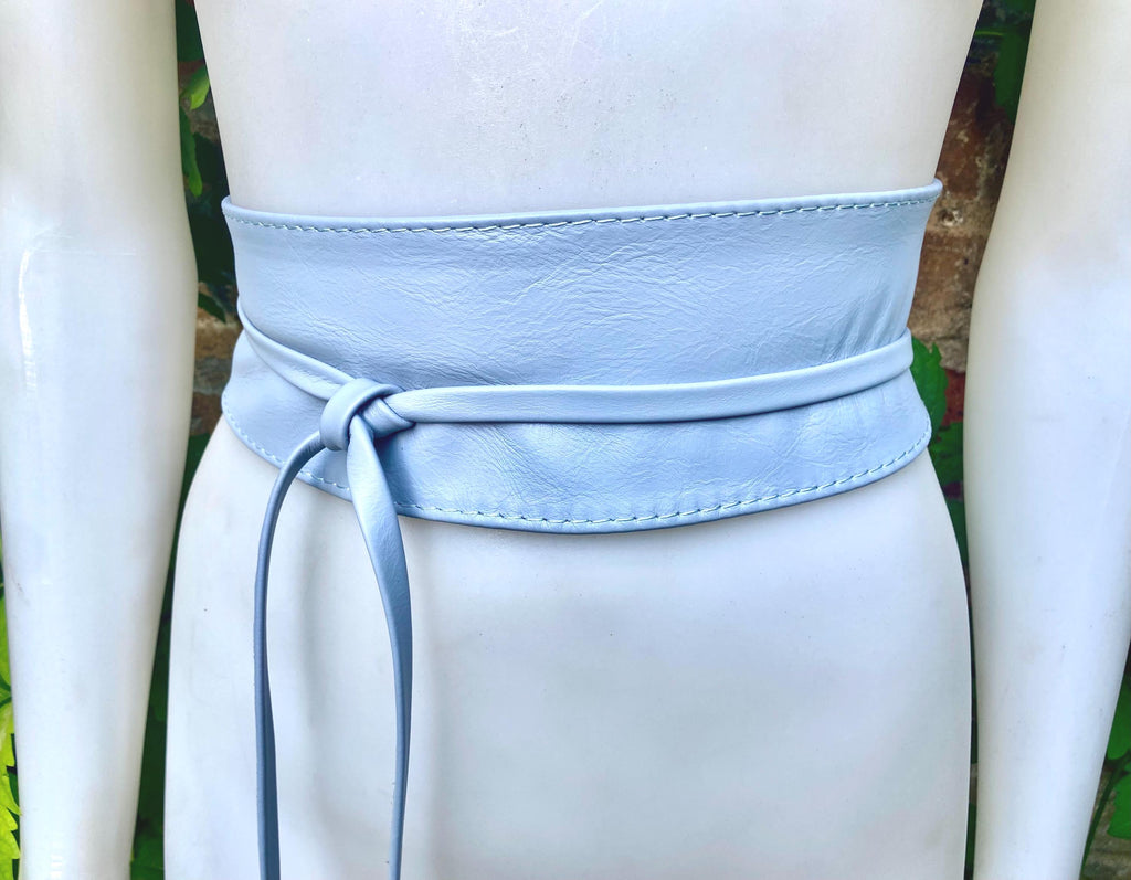 Wraparound belt in soft leather. LIGHT blue wrap belt. Longer style. Genuine leather sky blue waist belt. Boho dress /overall belt