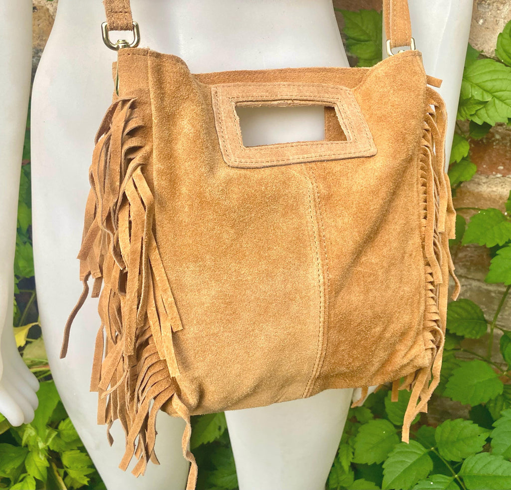 Light camel brown crossbody fringed bag. BOHO suede leather bag with FRINGES. Tan brown genuine suede leather. Light brown suede purse.