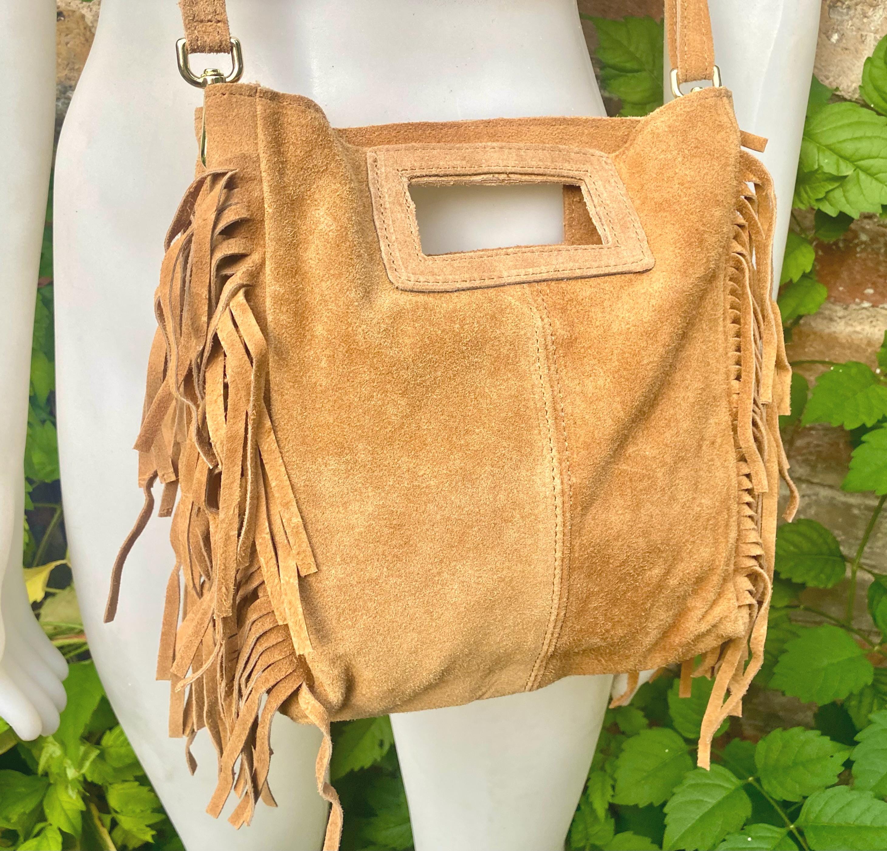 Light camel brown crossbody fringed bag. BOHO suede leather bag with FRINGES. Tan brown genuine suede leather. Light brown suede purse.