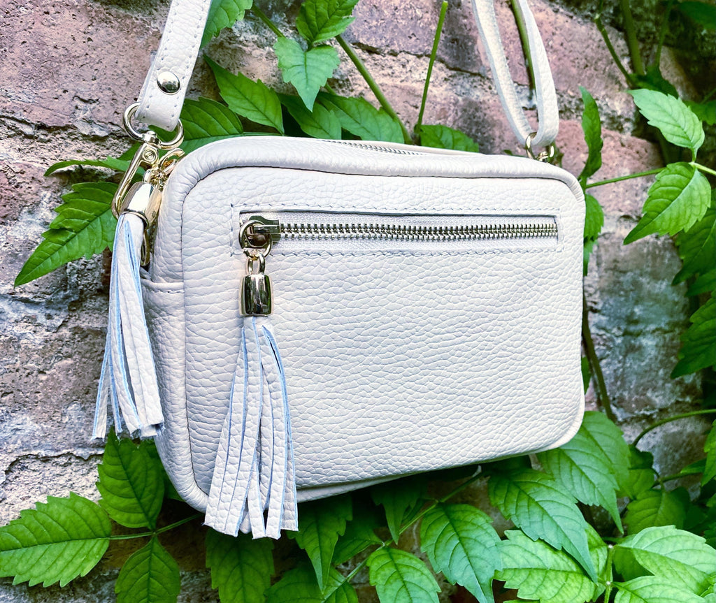 Small leather bag in white. GENUINE leather shoulder / cross body bag. White leather purse, adjustable strap + zippers.