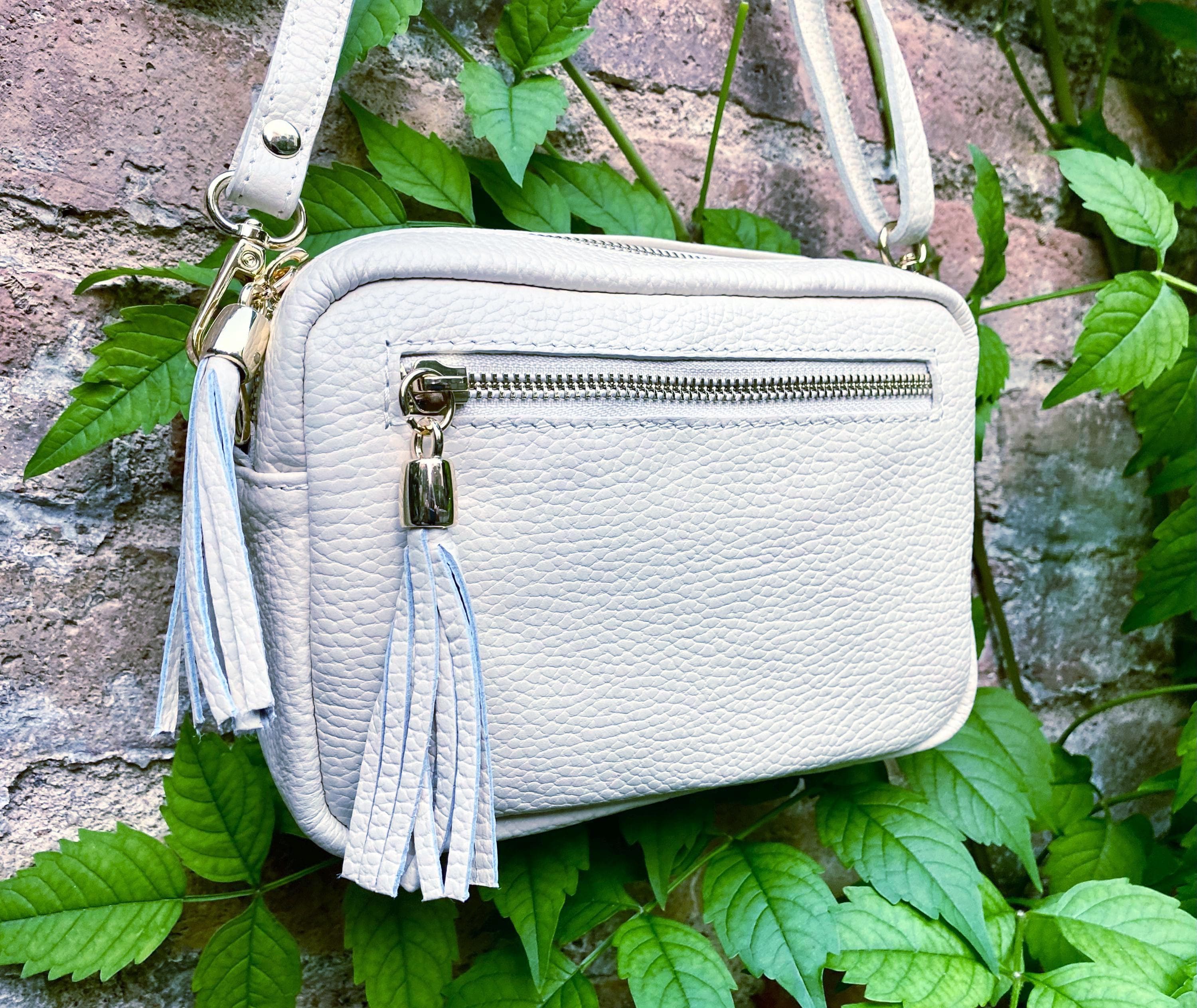 Small leather bag in white. GENUINE leather shoulder / cross body bag. White leather purse, adjustable strap + zippers.