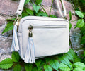 Small leather bag in white. GENUINE leather shoulder / cross body bag. White leather purse, adjustable strap + zippers.
