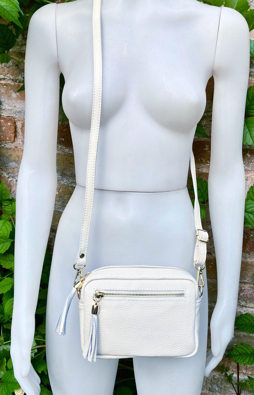 Small leather bag in white. GENUINE leather shoulder / cross body bag. White leather purse, adjustable strap + zippers.