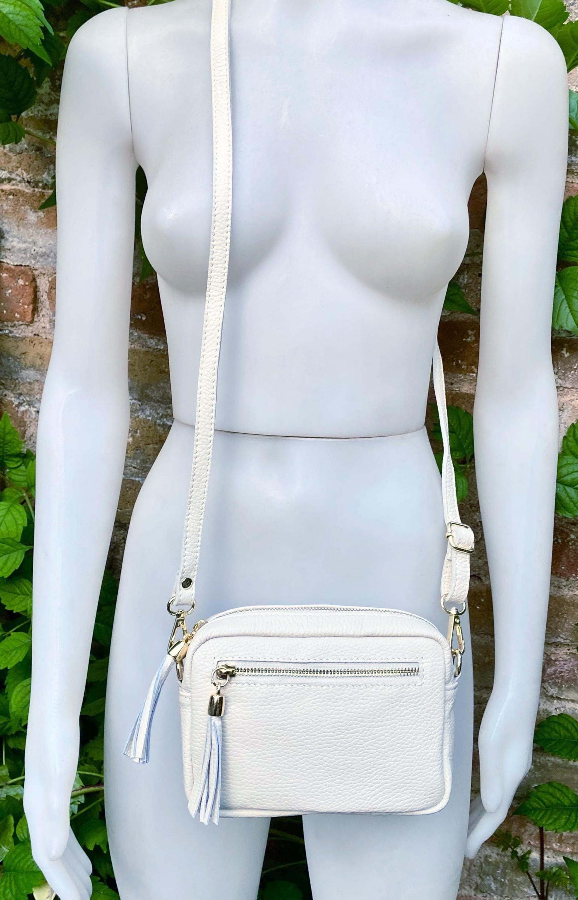 Small leather bag in white. GENUINE leather shoulder / cross body bag. White leather purse, adjustable strap + zippers.