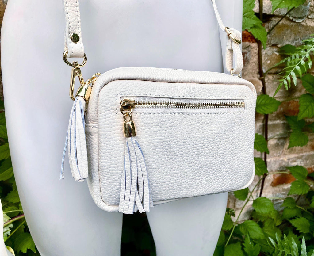Small leather bag in white. GENUINE leather shoulder / cross body bag. White leather purse, adjustable strap + zippers.