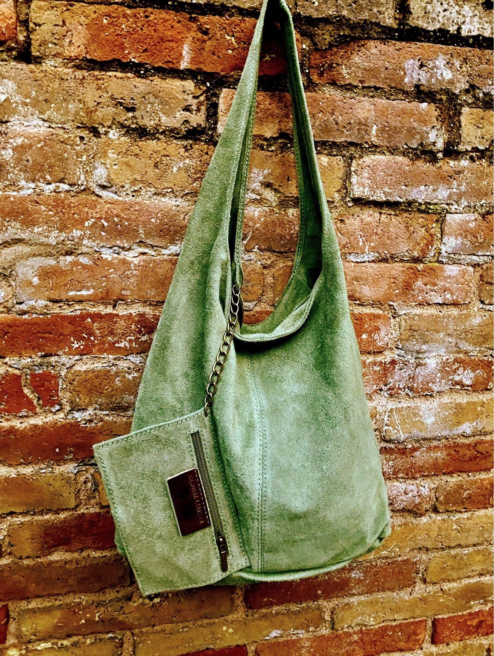 Large tote leather bag in moss GREEN. Slouch leather bag with ZIPPER. Leather shopper, laptop bag in suede leather bag.GREEN suede bag.