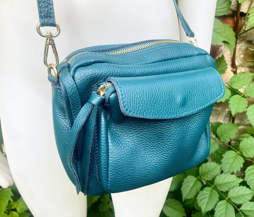 Genuine leather teal GREEN bag with embroidered strap. GENUINE leather cross body bag. GREEN purse with zippers. Green leather messenger