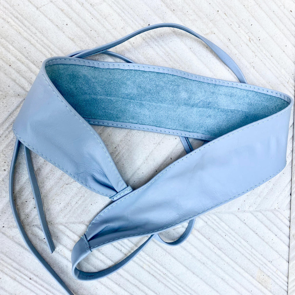 Wraparound belt in soft leather. LIGHT blue wrap belt. Longer style. Genuine leather sky blue waist belt. Boho dress /overall belt