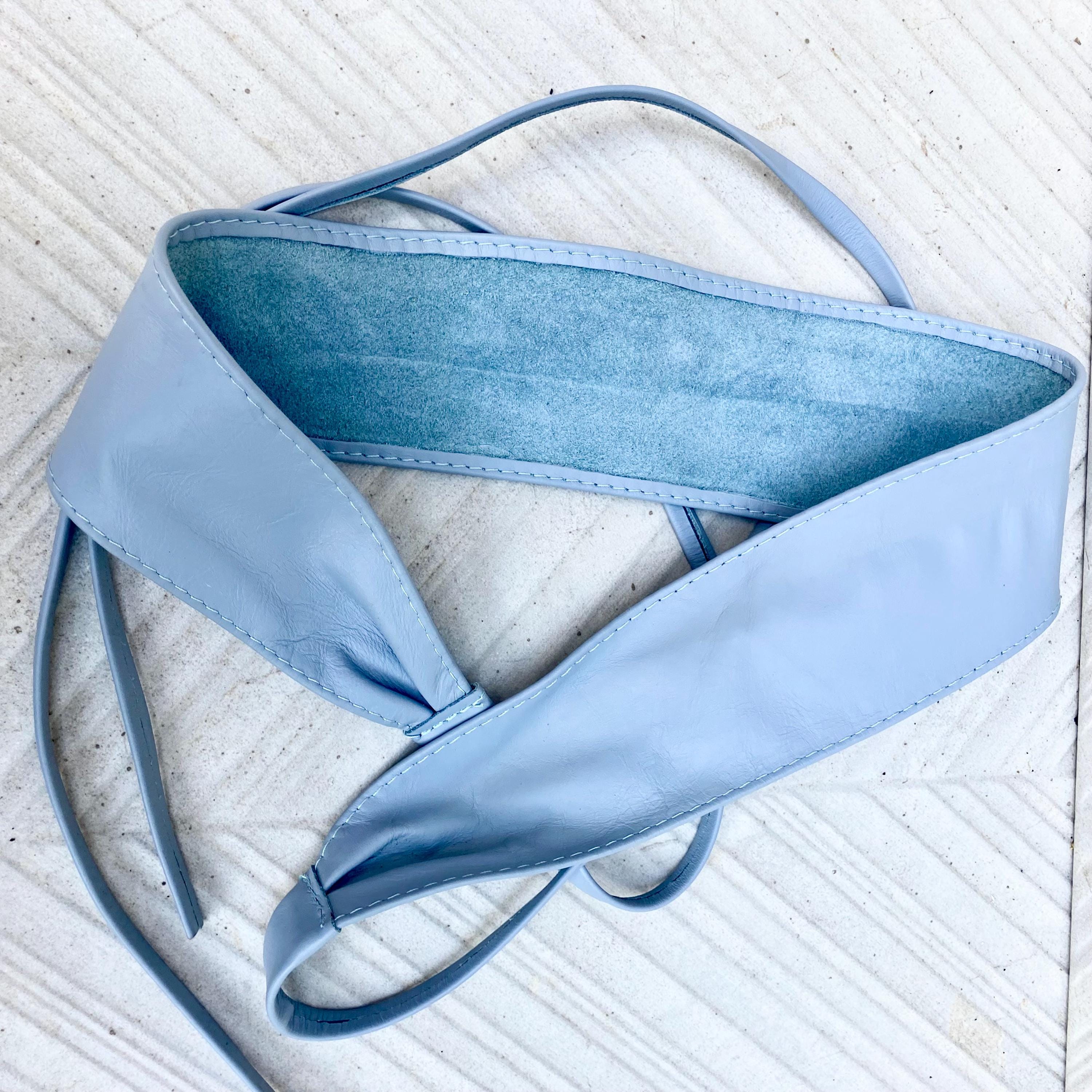 Wraparound belt in soft leather. LIGHT blue wrap belt. Longer style. Genuine leather sky blue waist belt. Boho dress /overall belt