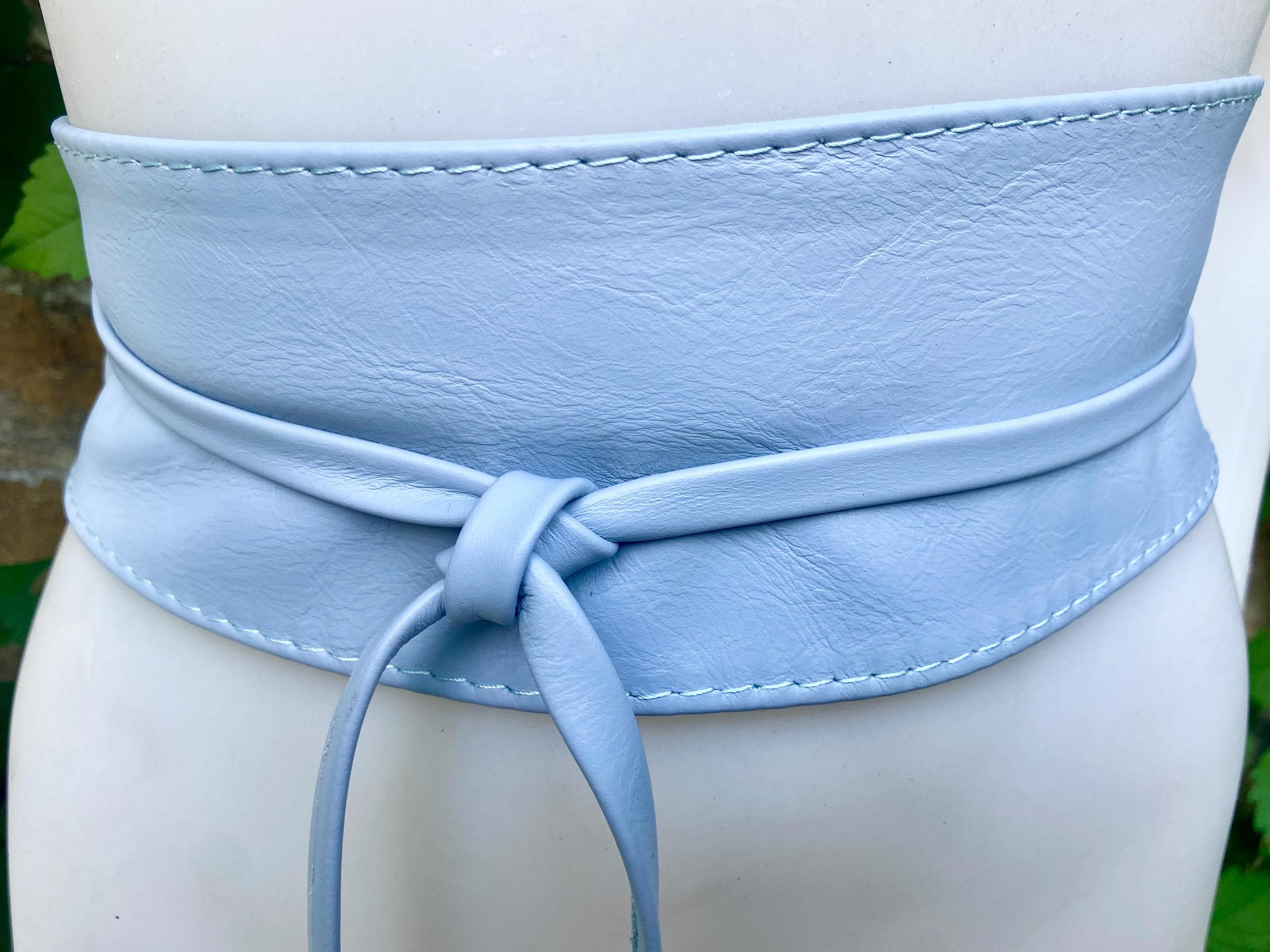 Wraparound belt in soft leather. LIGHT blue wrap belt. Longer style. Genuine leather sky blue waist belt. Boho dress /overall belt