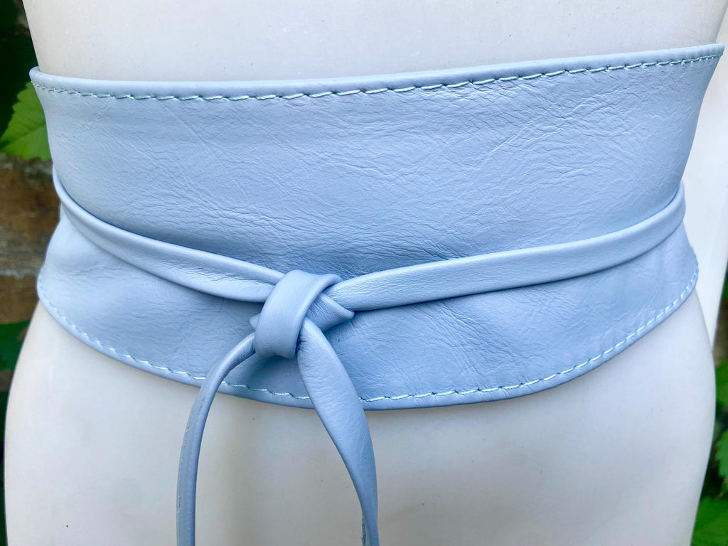 Wraparound belt in soft leather. LIGHT blue wrap belt. Longer style. Genuine leather sky blue waist belt. Boho dress /overall belt