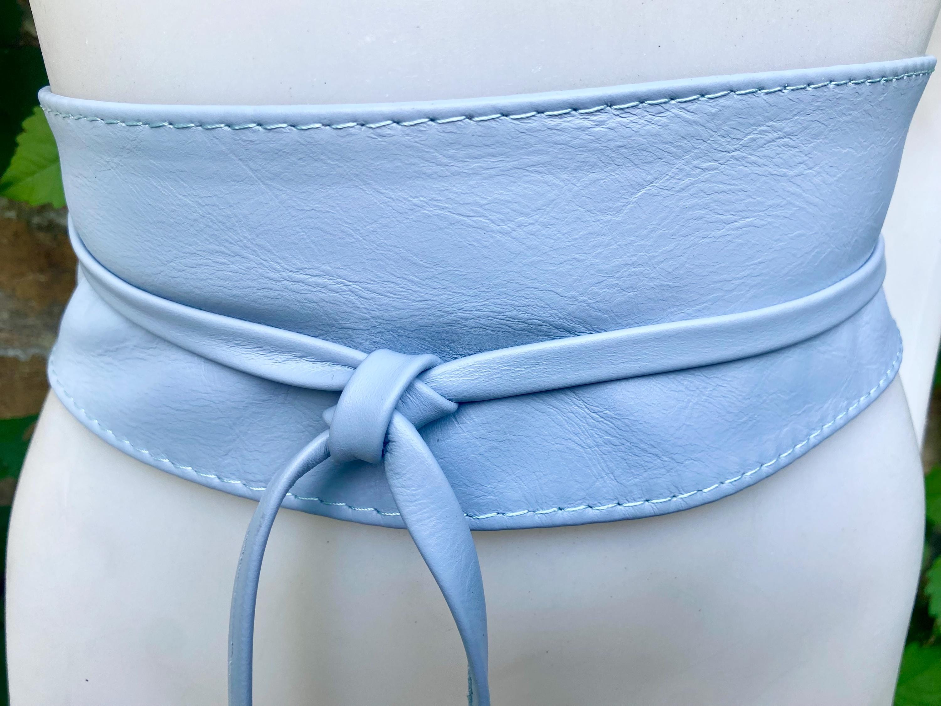 Wraparound belt in soft leather. LIGHT blue wrap belt. Longer style. Genuine leather sky blue waist belt. Boho dress /overall belt