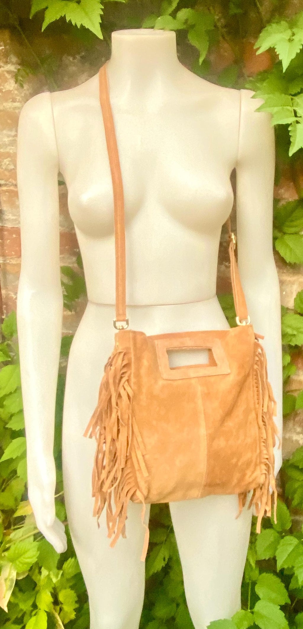 Light camel brown crossbody fringed bag. BOHO suede leather bag with FRINGES. Tan brown genuine suede leather. Light brown suede purse.