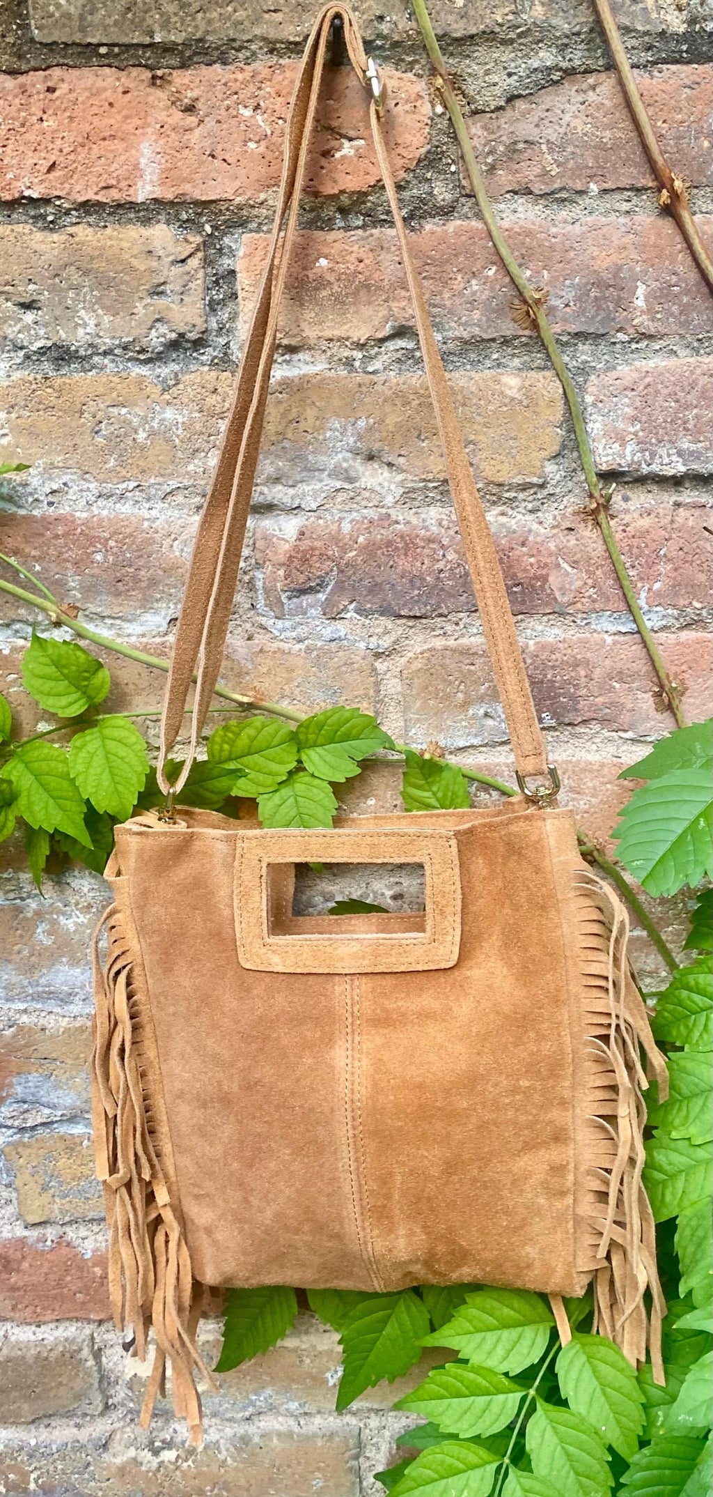Light camel brown crossbody fringed bag. BOHO suede leather bag with FRINGES. Tan brown genuine suede leather. Light brown suede purse.