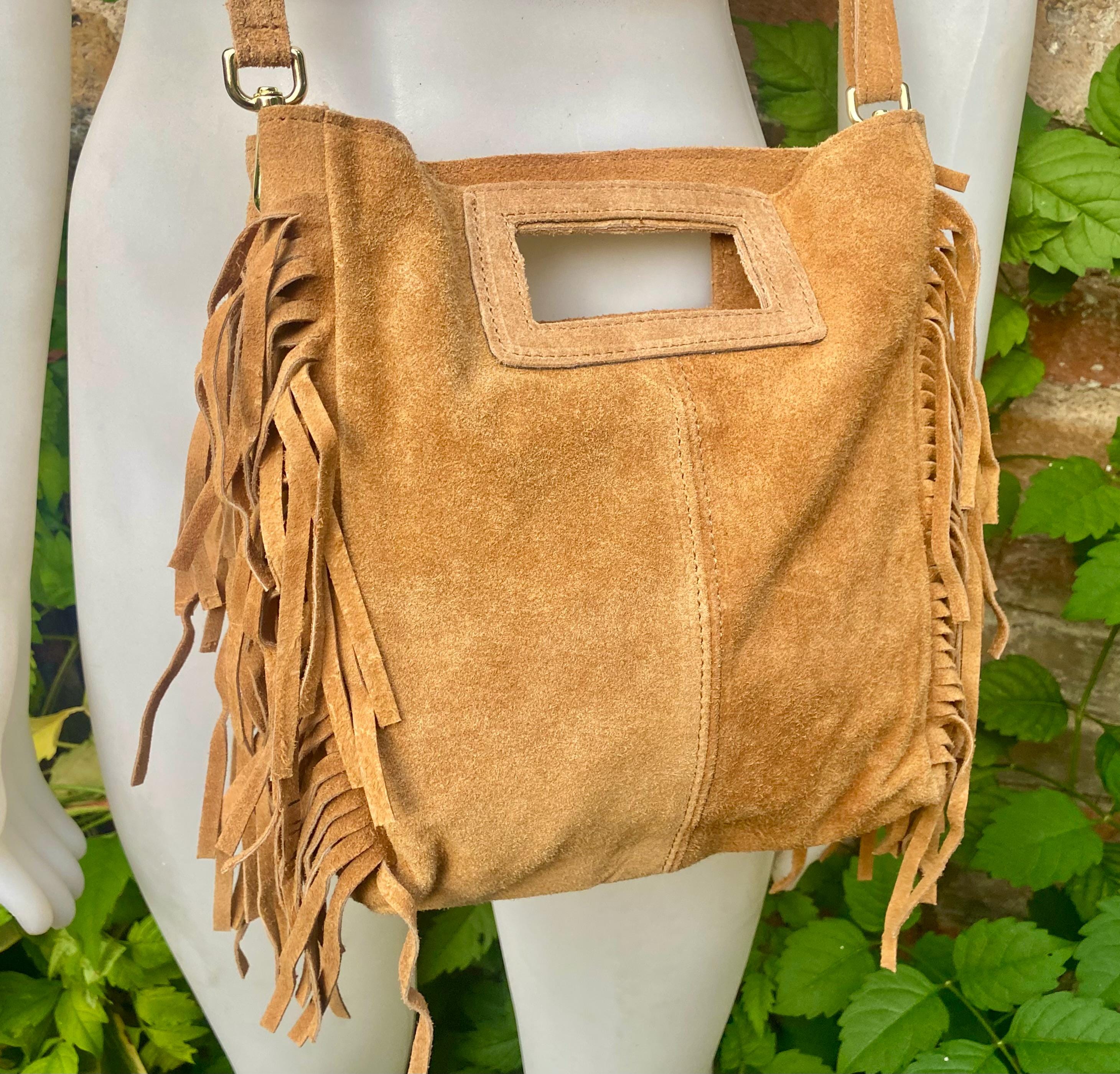 Light camel brown crossbody fringed bag. BOHO suede leather bag with FRINGES. Tan brown genuine suede leather. Light brown suede purse.