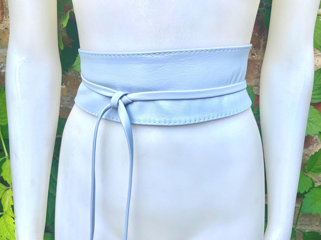 Wraparound belt in soft leather. LIGHT blue wrap belt. Longer style. Genuine leather sky blue waist belt. Boho dress /overall belt
