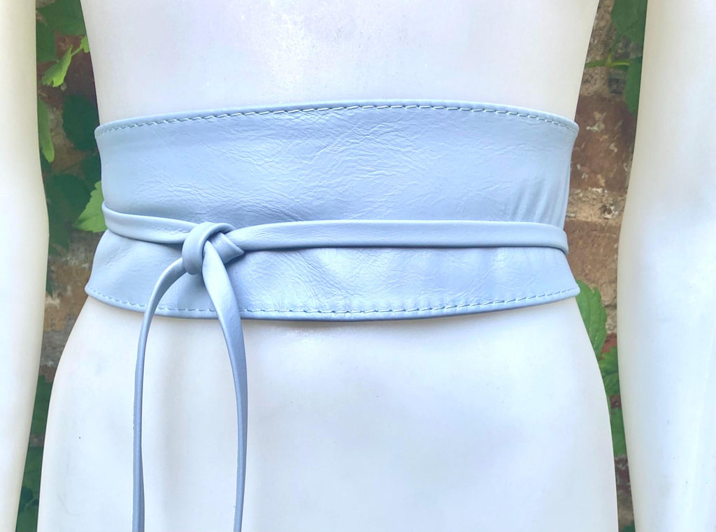Wraparound belt in soft leather. LIGHT blue wrap belt. Longer style. Genuine leather sky blue waist belt. Boho dress /overall belt