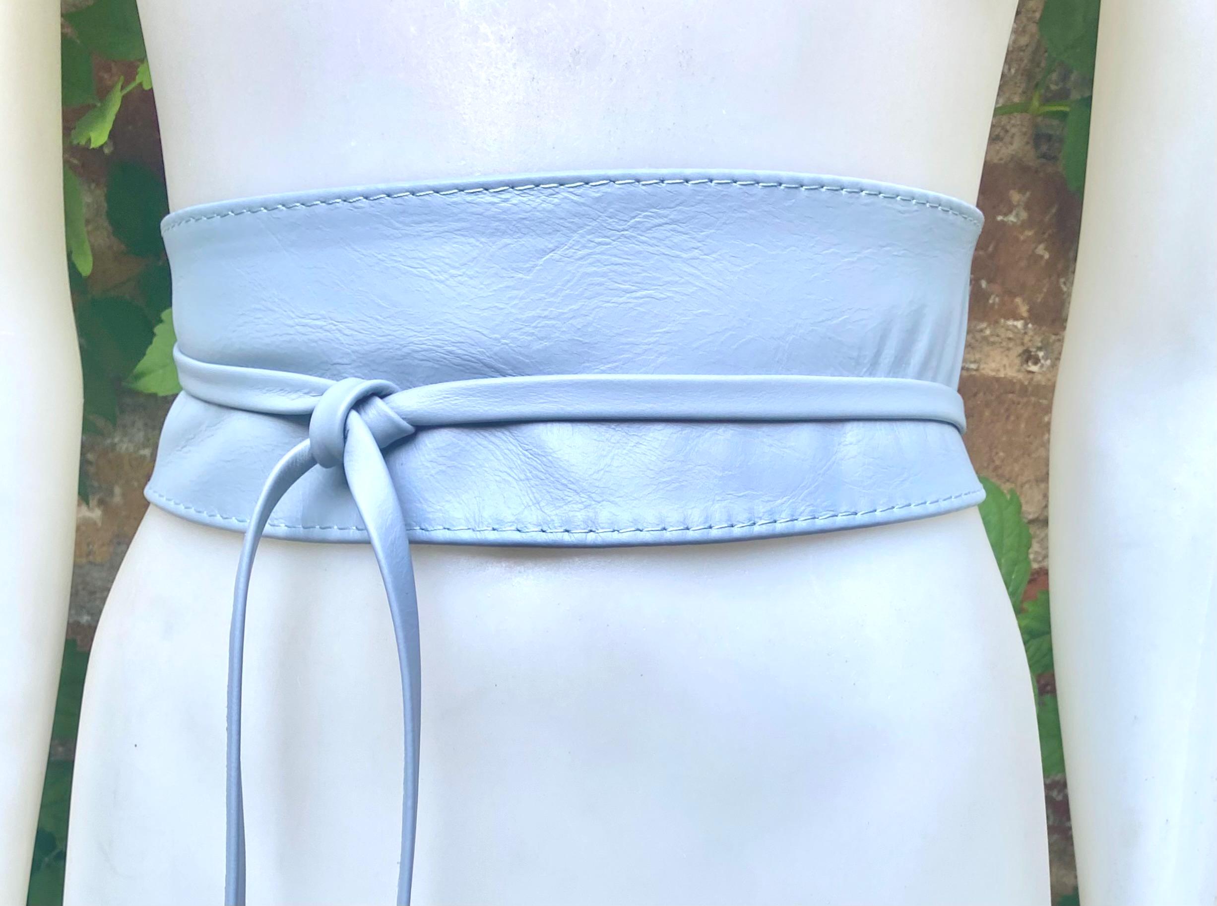 Wraparound belt in soft leather. LIGHT blue wrap belt. Longer style. Genuine leather sky blue waist belt. Boho dress /overall belt