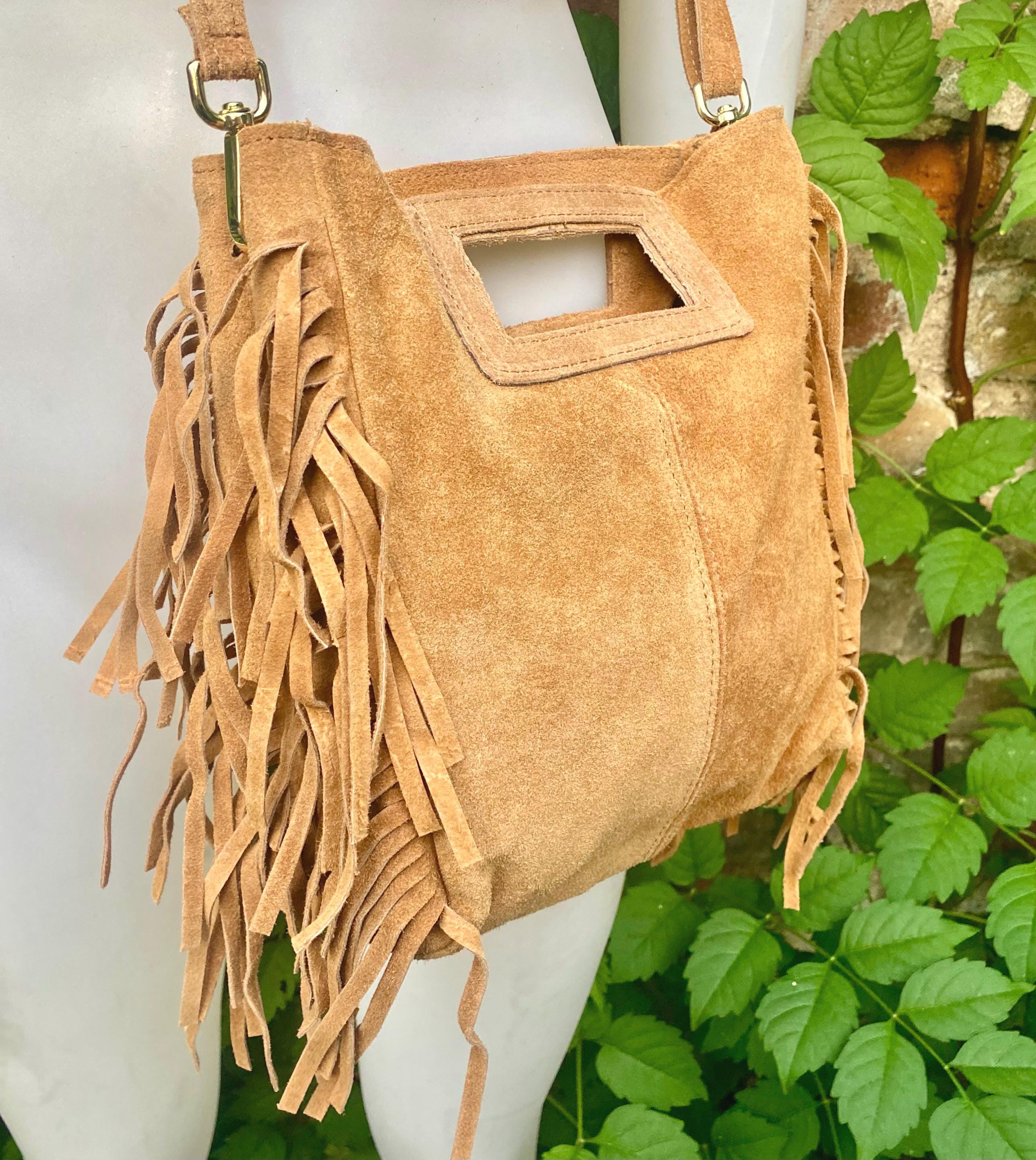 Light camel brown crossbody fringed bag. BOHO suede leather bag with FRINGES. Tan brown genuine suede leather. Light brown suede purse.
