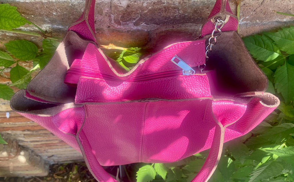 Hot PINK shopper bag in GENUINE leather. Large carry all bag for laptops, books. Fuchsia pink leather tote / bucket bag. Pink leather purse
