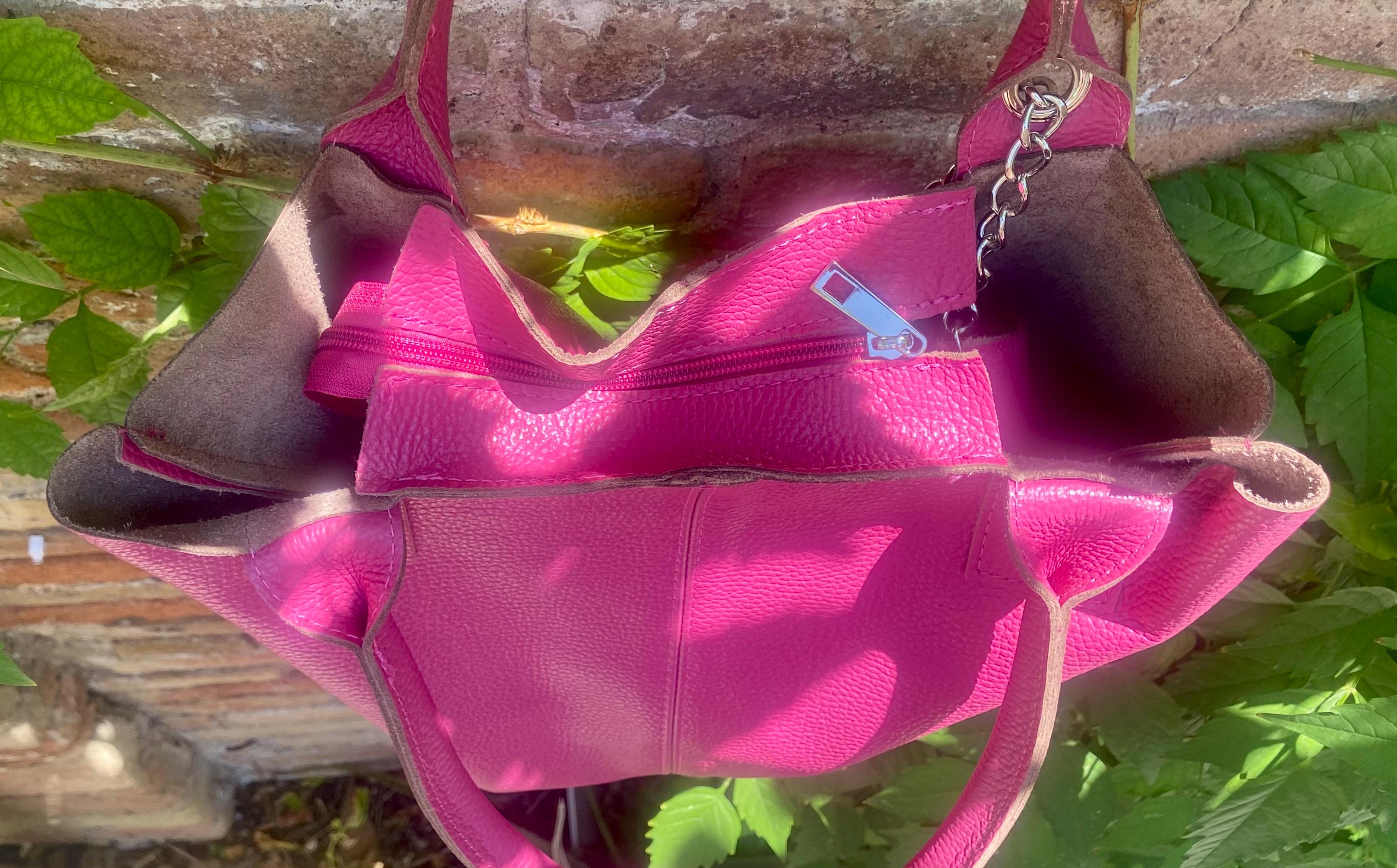 Hot PINK shopper bag in GENUINE leather. Large carry all bag for laptops, books. Fuchsia pink leather tote / bucket bag. Pink leather purse