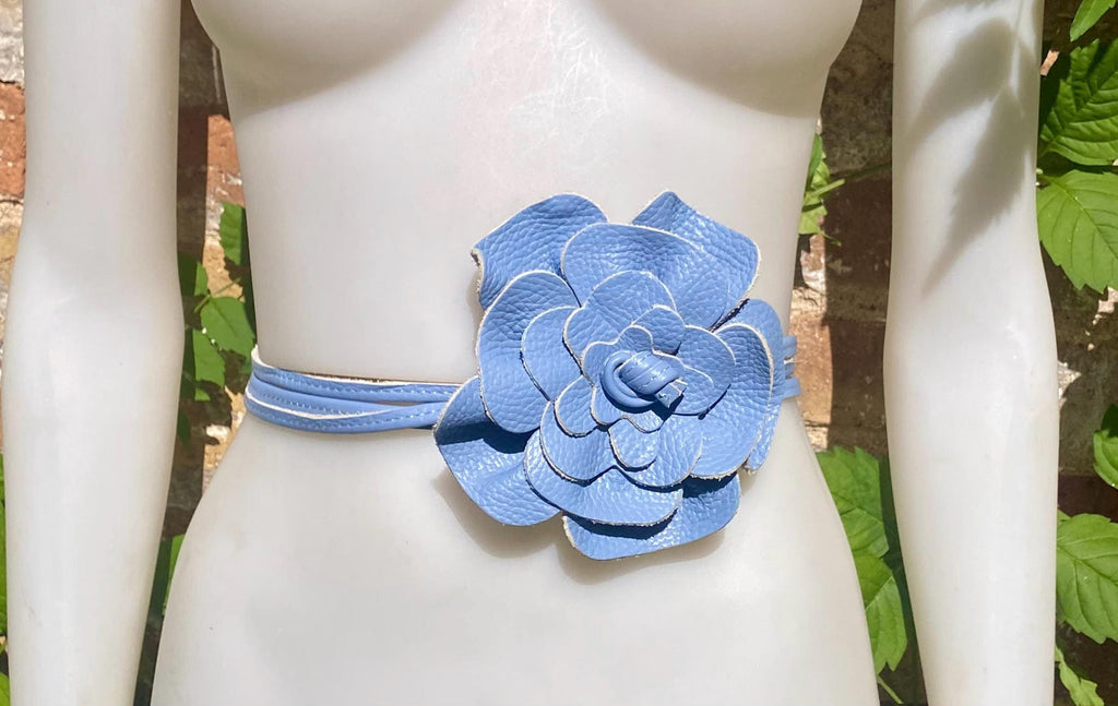 Light blue flower leather belt. Waist / overall / dress belt. Soft blue genuine leather. Blue rose belt. Large blue flower. Periwinkle blue