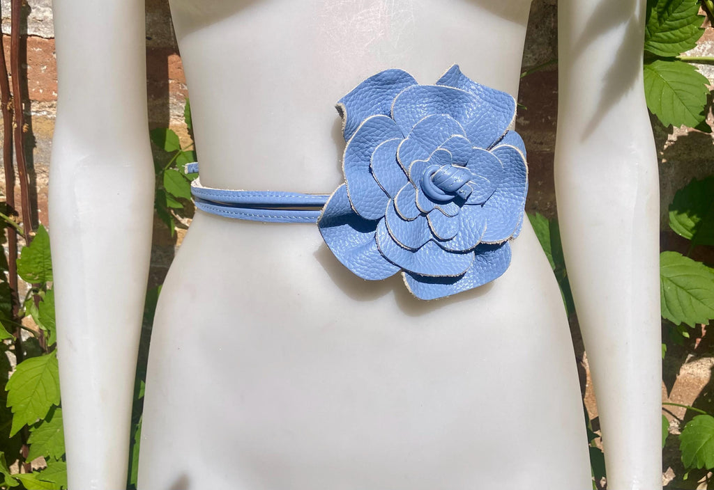Light blue flower leather belt. Waist / overall / dress belt. Soft blue genuine leather. Blue rose belt. Large blue flower. Periwinkle blue