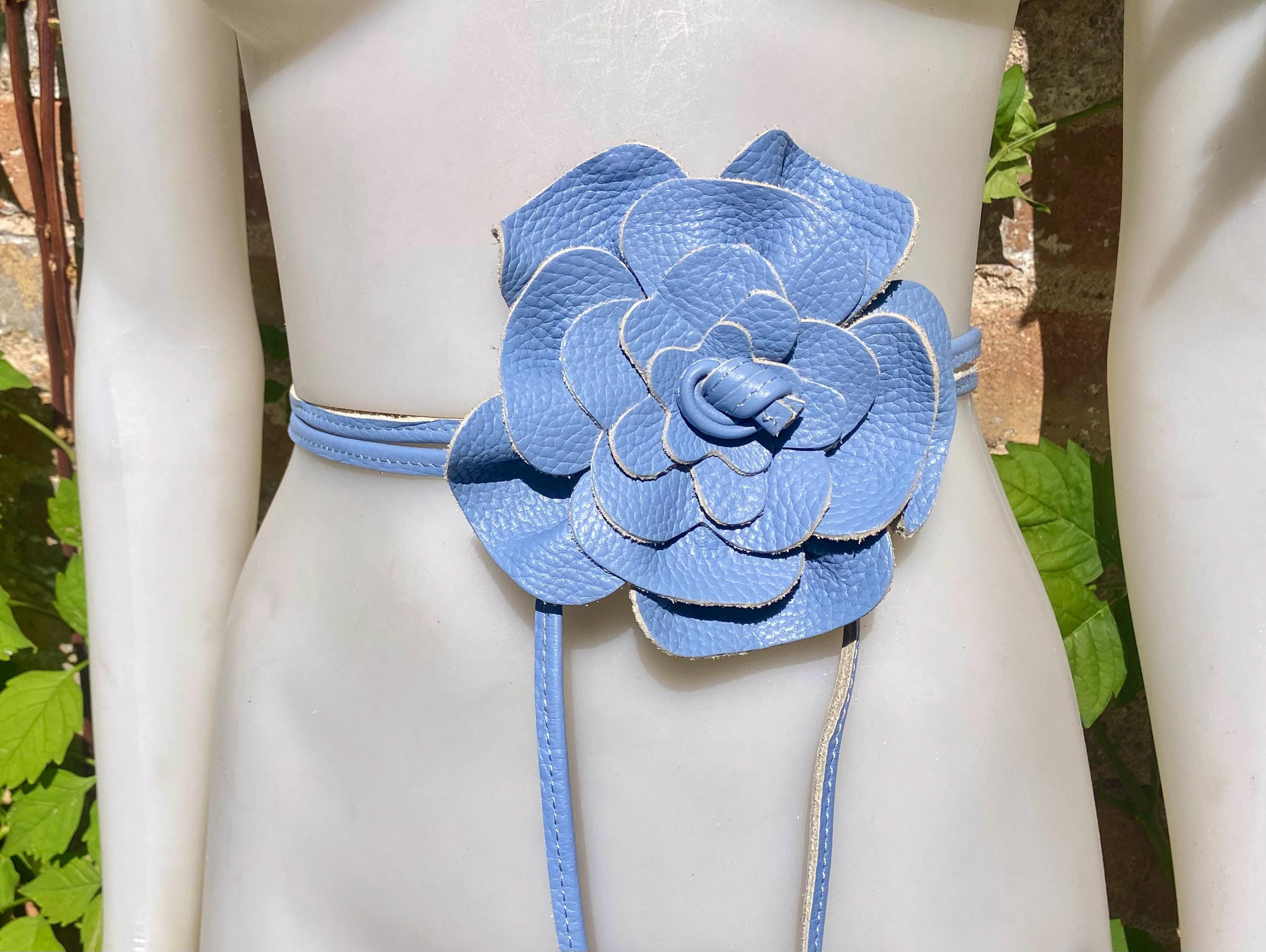 Light blue flower leather belt. Waist / overall / dress belt. Soft blue genuine leather. Blue rose belt. Large blue flower. Periwinkle blue