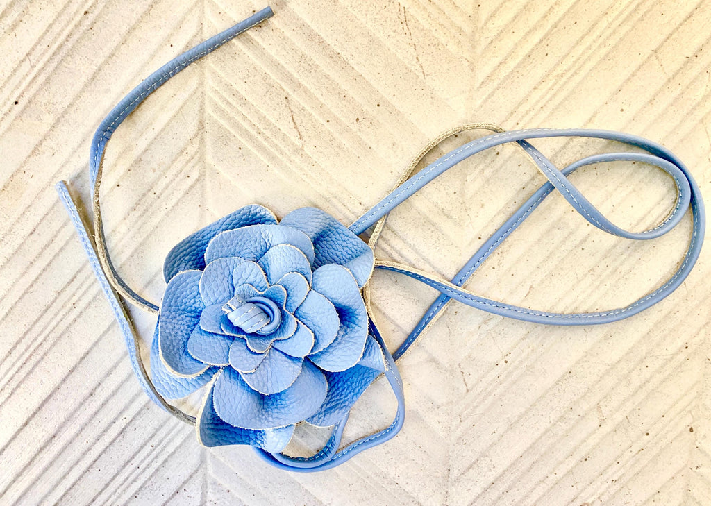 Light blue flower leather belt. Waist / overall / dress belt. Soft blue genuine leather. Blue rose belt. Large blue flower. Periwinkle blue