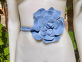 Light blue flower leather belt. Waist / overall / dress belt. Soft blue genuine leather. Blue rose belt. Large blue flower. Periwinkle blue