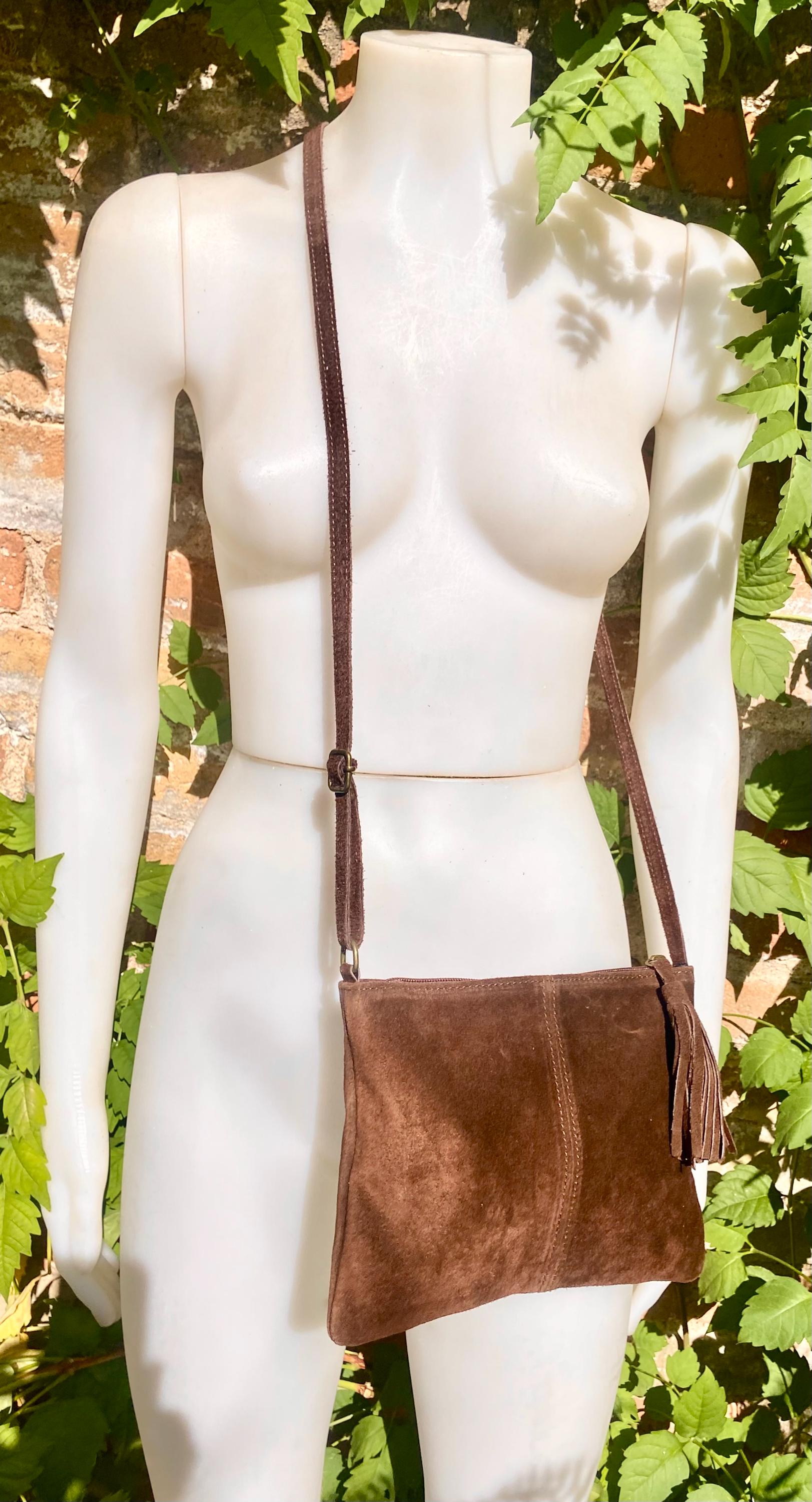 Suede leather bag in DARK BROWN Cross body bag, shoulder bag in GENUINE leather. Small leather bag with adjustable strap and zipper.