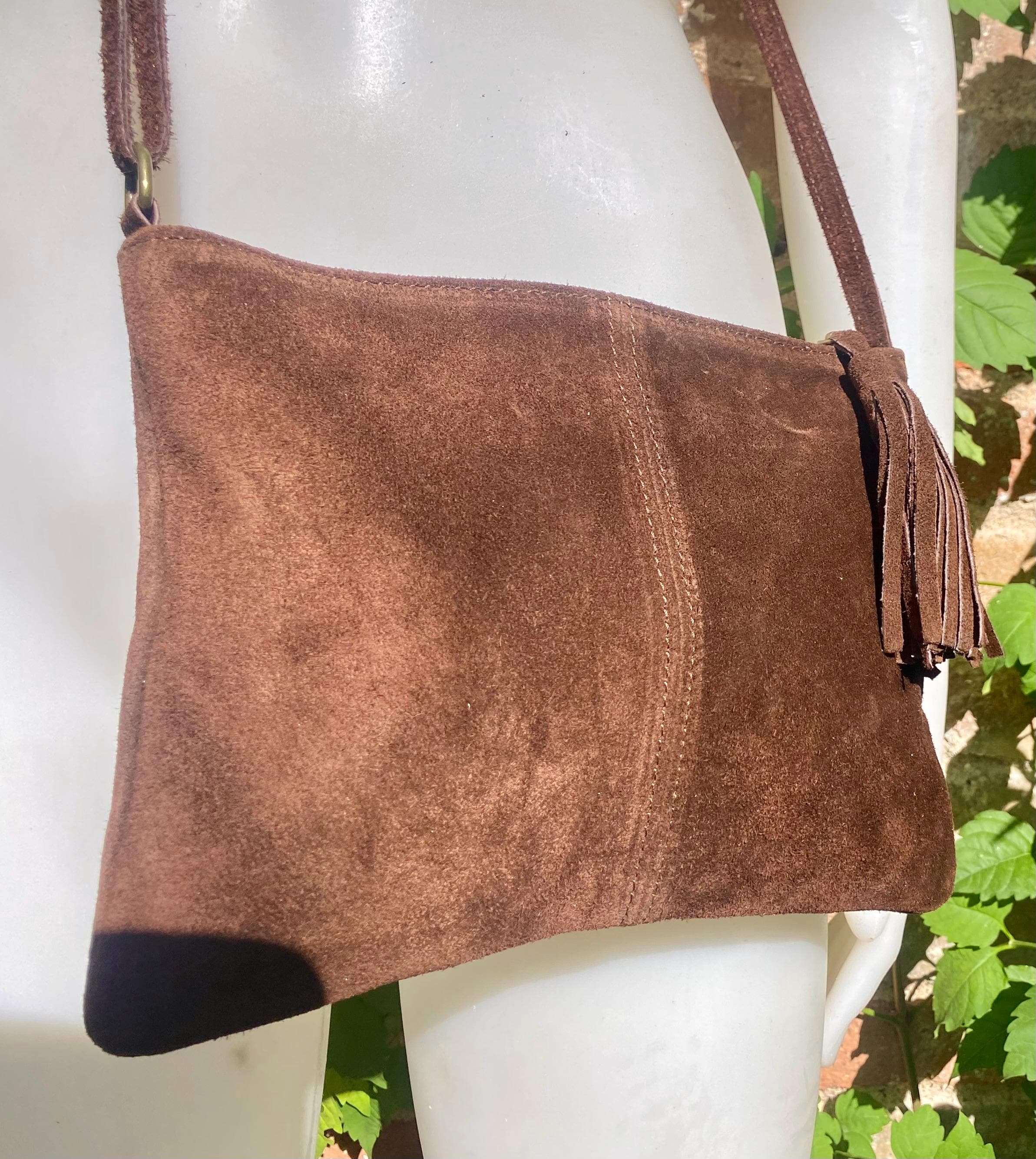 Suede leather bag in DARK BROWN Cross body bag, shoulder bag in GENUINE leather. Small leather bag with adjustable strap and zipper.