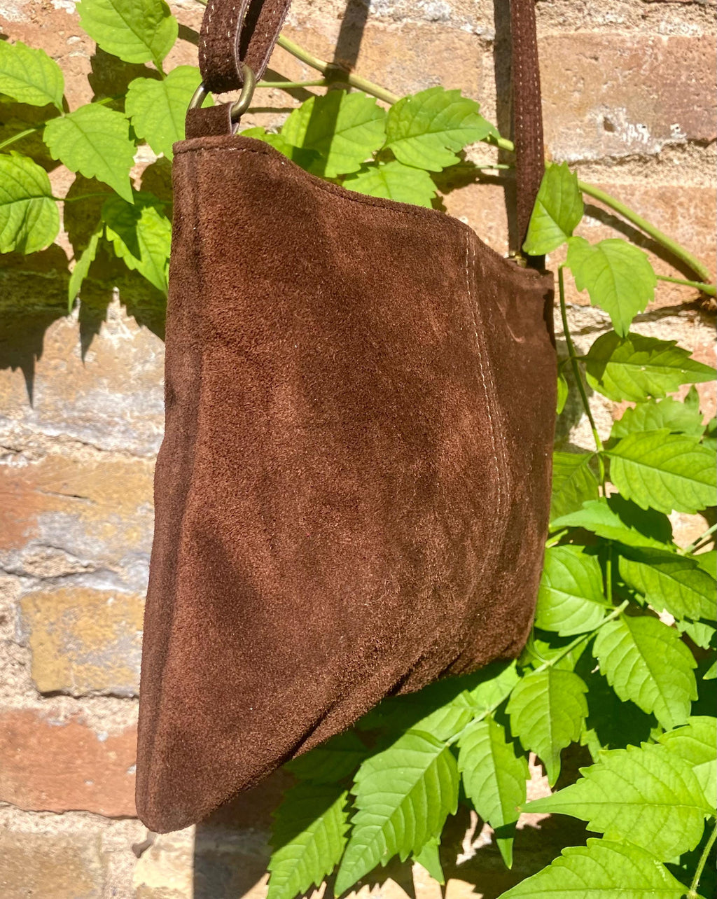 Suede leather bag in DARK BROWN Cross body bag, shoulder bag in GENUINE leather. Small leather bag with adjustable strap and zipper.