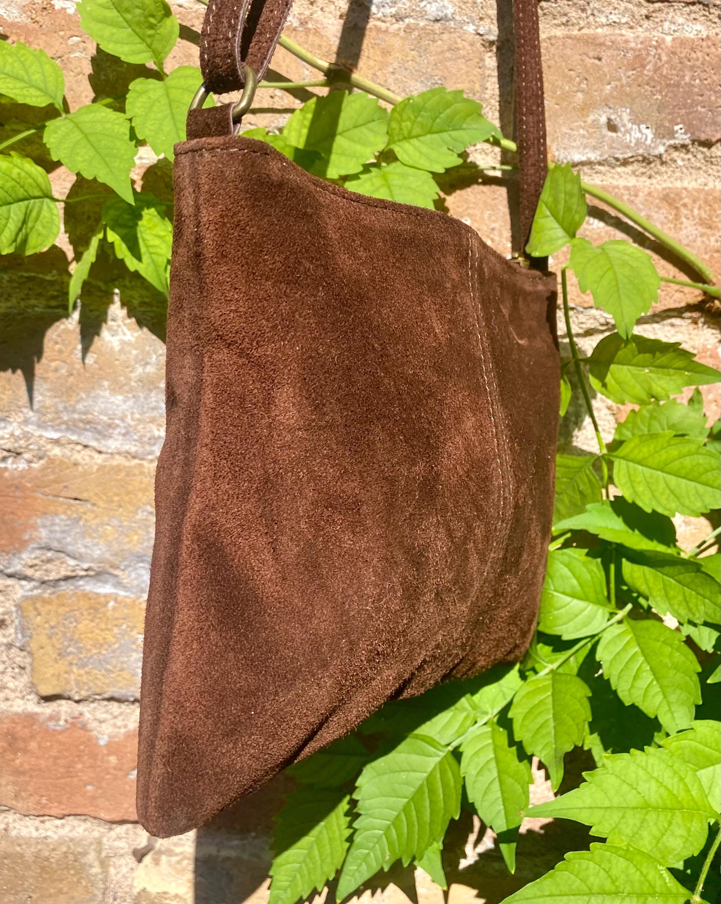 Suede leather bag in DARK BROWN Cross body bag, shoulder bag in GENUINE leather. Small leather bag with adjustable strap and zipper.