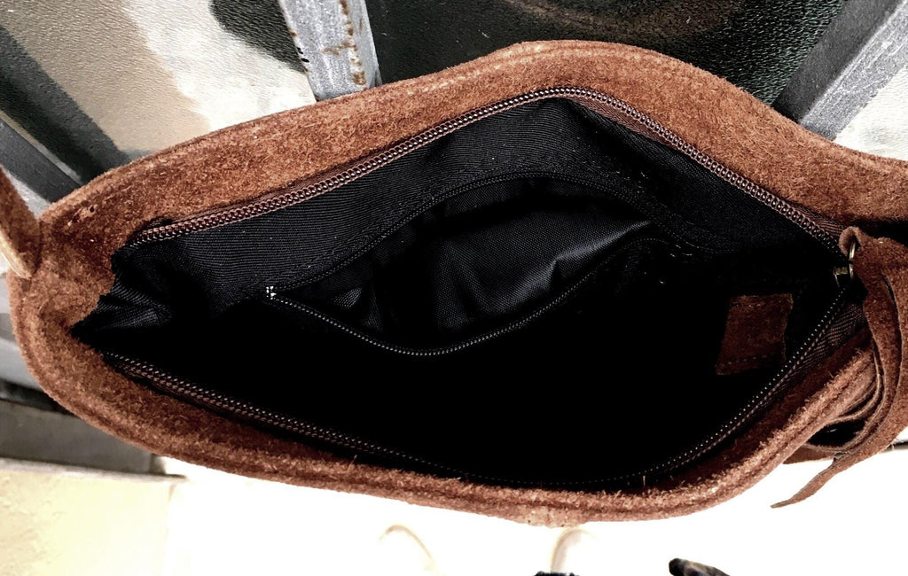 Suede leather bag in DARK BROWN Cross body bag, shoulder bag in GENUINE leather. Small leather bag with adjustable strap and zipper.