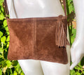 Suede leather bag in DARK BROWN Cross body bag, shoulder bag in GENUINE leather. Small leather bag with adjustable strap and zipper.